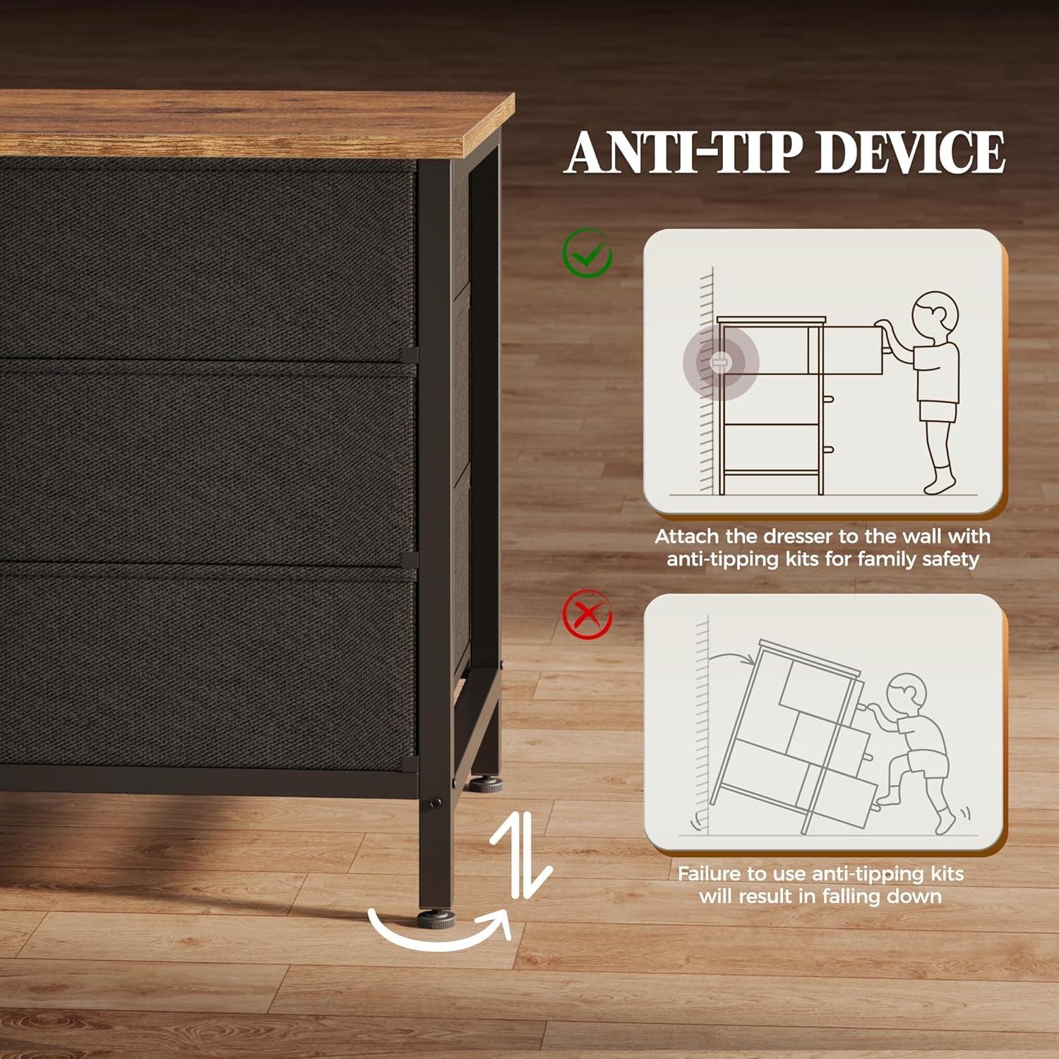 63 Inch Dresser for Bedroom, Long Dresser with 10 Fabric Drawers, TV Stand for 55, 65, 70 Inch TV, Toy Storage Organizer for Closet, Rustic Brown