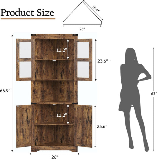 67 in Tall Corner Storage Cabinet with Lights, Farmhouse Corner Hutch Display Cabinet with Glass Doors, Wooden Storage Organizer for Kitchen, Living Room, Bathroom, Brown
