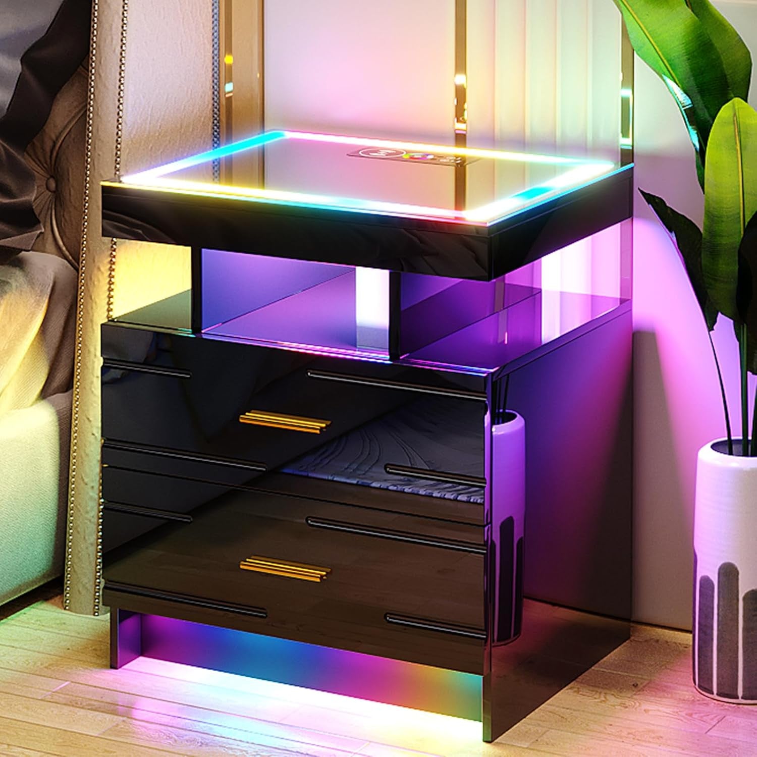 RGB Nightstand with Wireless Charging Station, LED Night Stand with Motion Sensor Lights, Smart Bedside Table with Changing Strip Lights with Remote,High Gloss Side Table/Glass Top (Black)