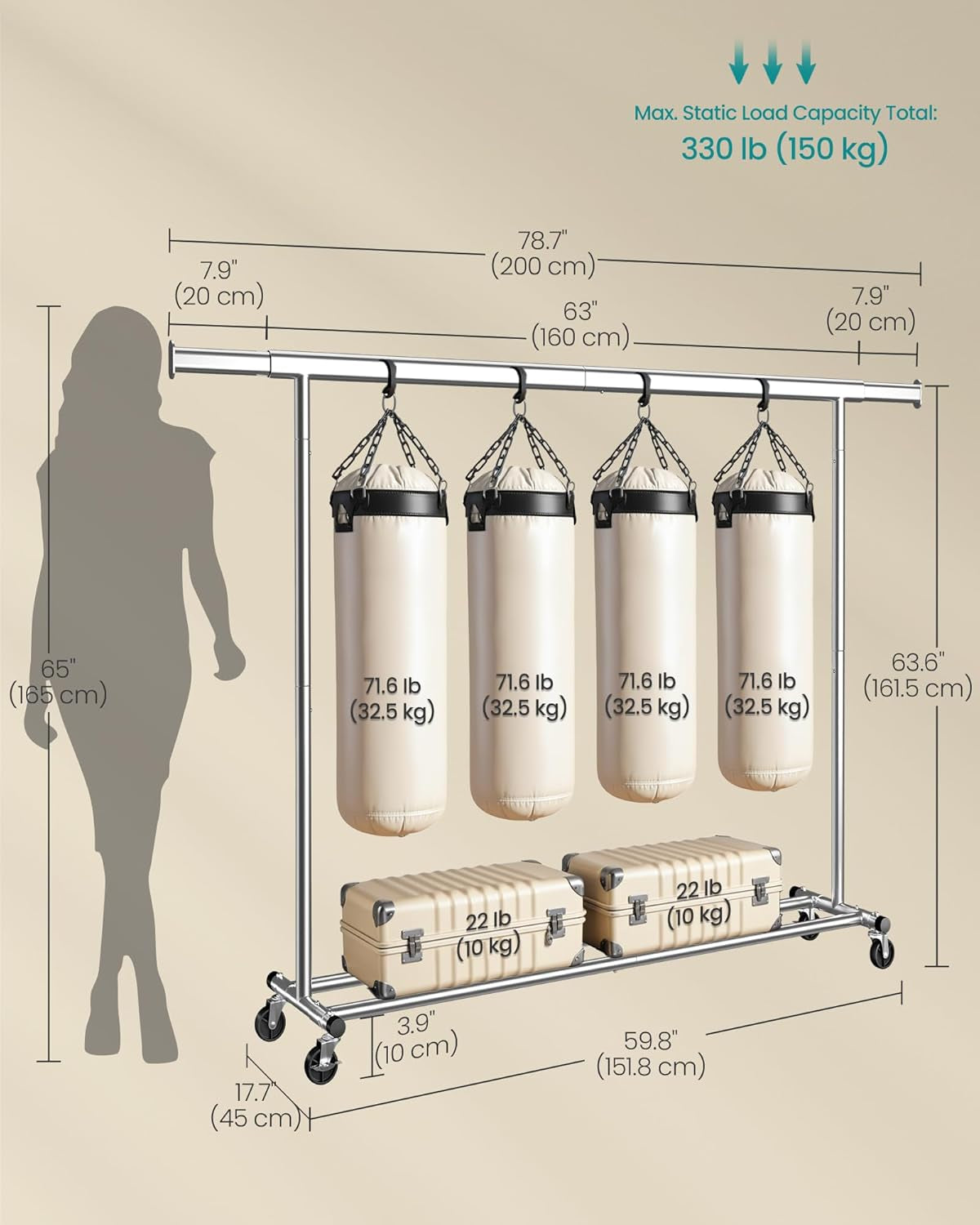 Clothes Rack with Wheels, Heavy-Duty Clothing Rack for Hanging Clothes, Portable, 17.7 X (63-78.7) X 63.6 Inches, with Extendable Rail, 330 Lb Load Capacity, Silver UHSR175E01