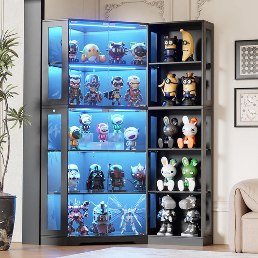 Corner Display Cabinet with Glass Doors,5-Tier Curio Cabinet with 3 Color Lights for Collectibles,71" Glass Display Case for Toys, Books, Extra Bookcase with 10 Dust-Proof Rack for Living Room, Black