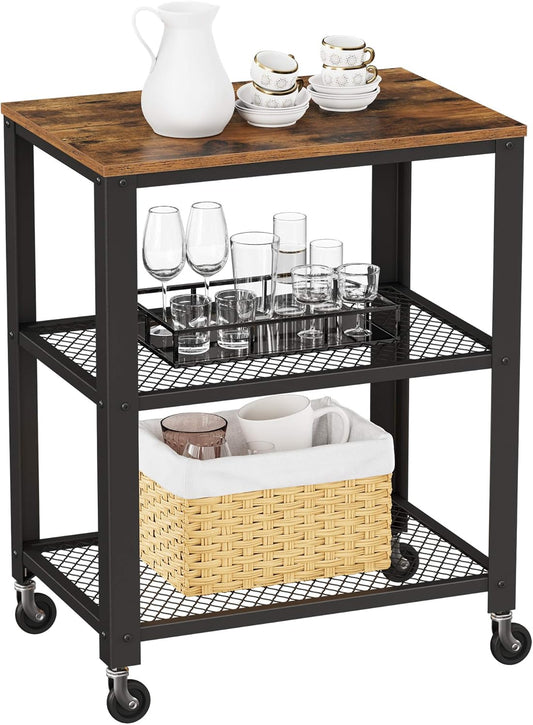 BRYCE Serving Cart, 3-Tier Kitchen Utility Cart on Wheels with Storage, for Living Room, Accent Furniture with Steel Frame, Industrial, Rustic Brown and Black ULRC78X
