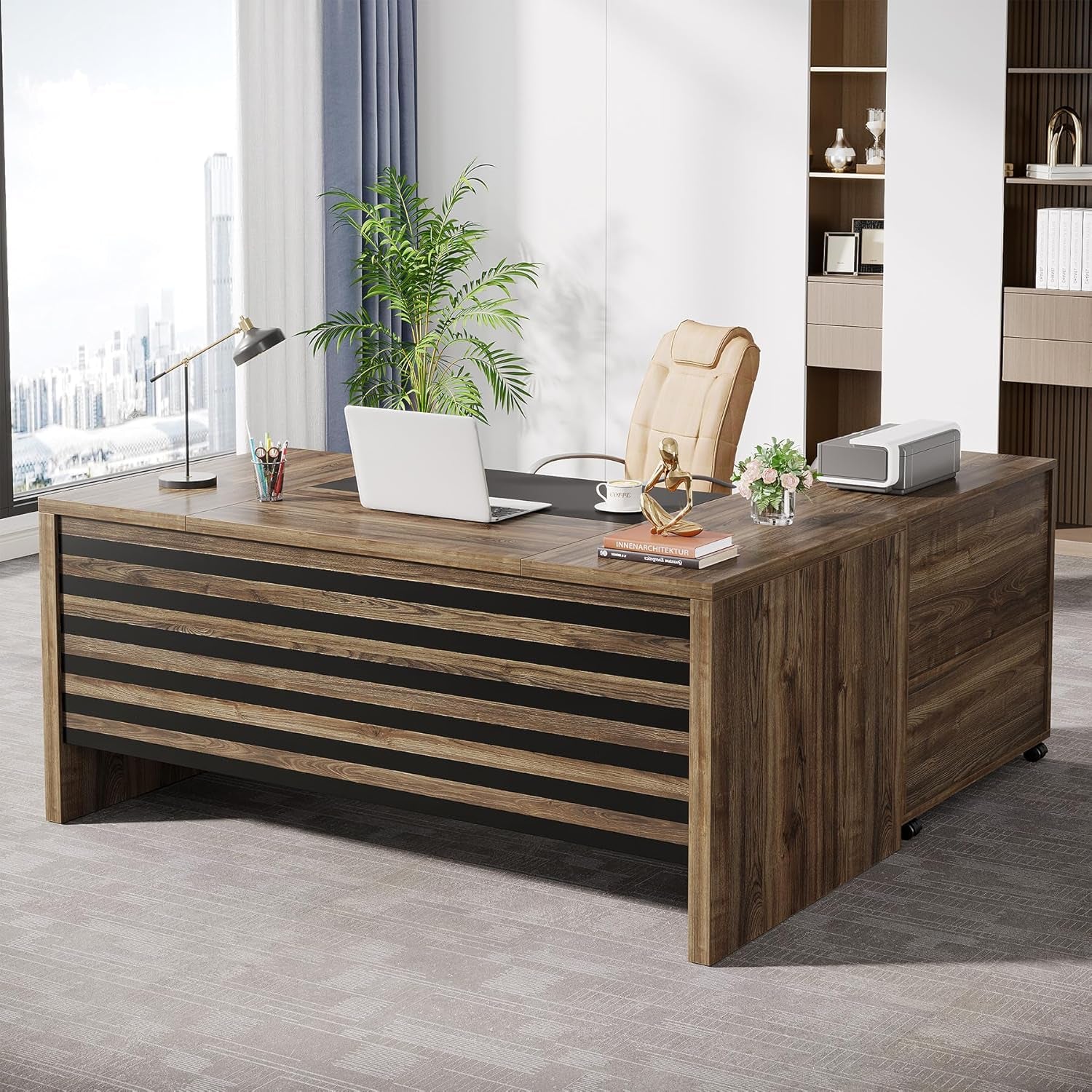 62.2" Executive Desk with Mobile File Cabinet, L-Shaped Office Desk with Storage Shelves, Large Computer Desk Business Workstation Set for Home Office, Light Brown