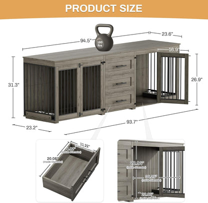 94.5" Large Dog Crate Furniture for 2 Dogs, Double Indoor Dog Kennel Furniture with 3 Drawers & 4 Dog Bowls, Wooden Heavy Duty Dog Cage Furniture Style TV Stand/Table/House, Brown