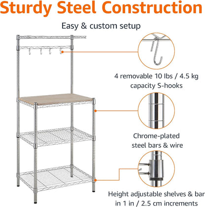 Kitchen Storage Baker'S Rack with Removable Wood Top, Chrome/Beige, 24"W X 59"H X 18"D