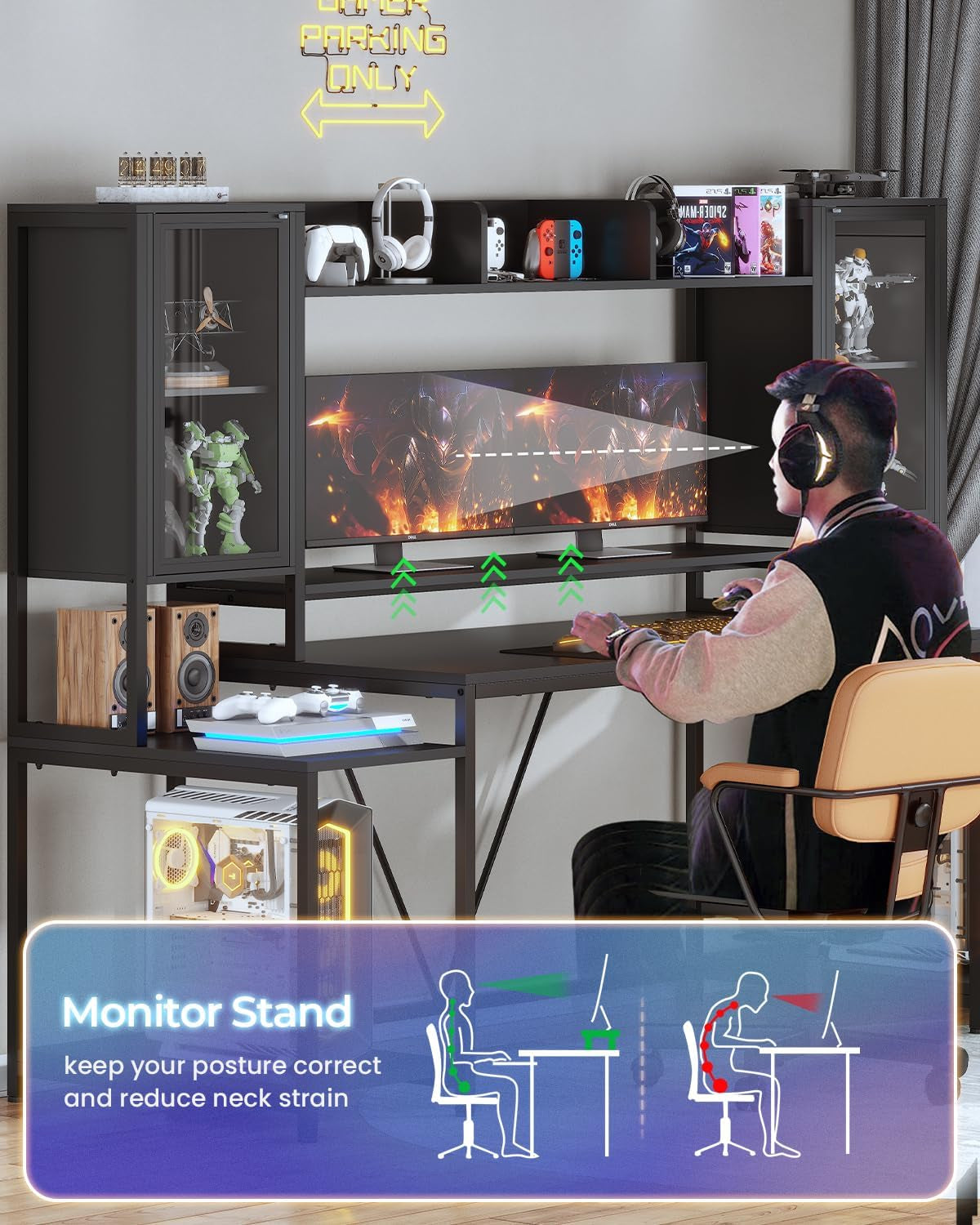 Gaming Desk 74.8'' with LED Lights, Hutch and Storage Shelves, Computer Desk with Monitor Stand, Large PC Gamer Desk Workstation, Ergonomic Gaming Table for Bedroom, Living Room, Black