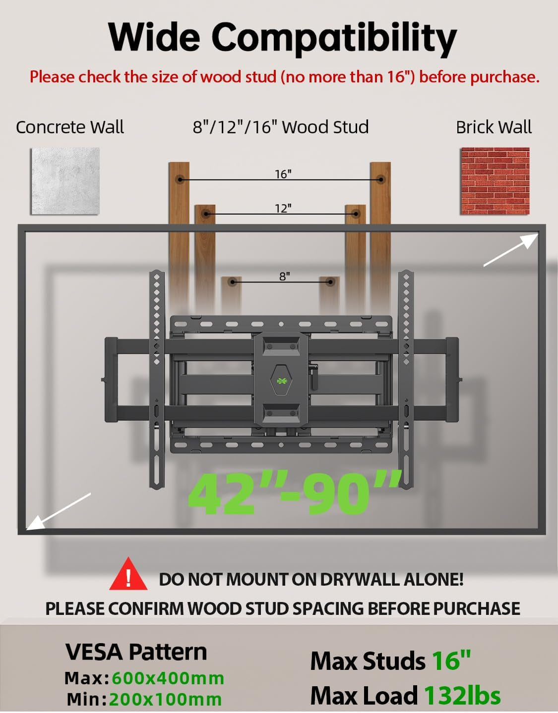 Full Motion TV Wall Mount for Most 42-90 Inch Flat Screen/Led/4K, TV Mount Bracket Dual Swivel Articulating Tilt 6 Arms, Max 16" Wood Studs, VESA 600X400Mm, Holds up to 132Lbs