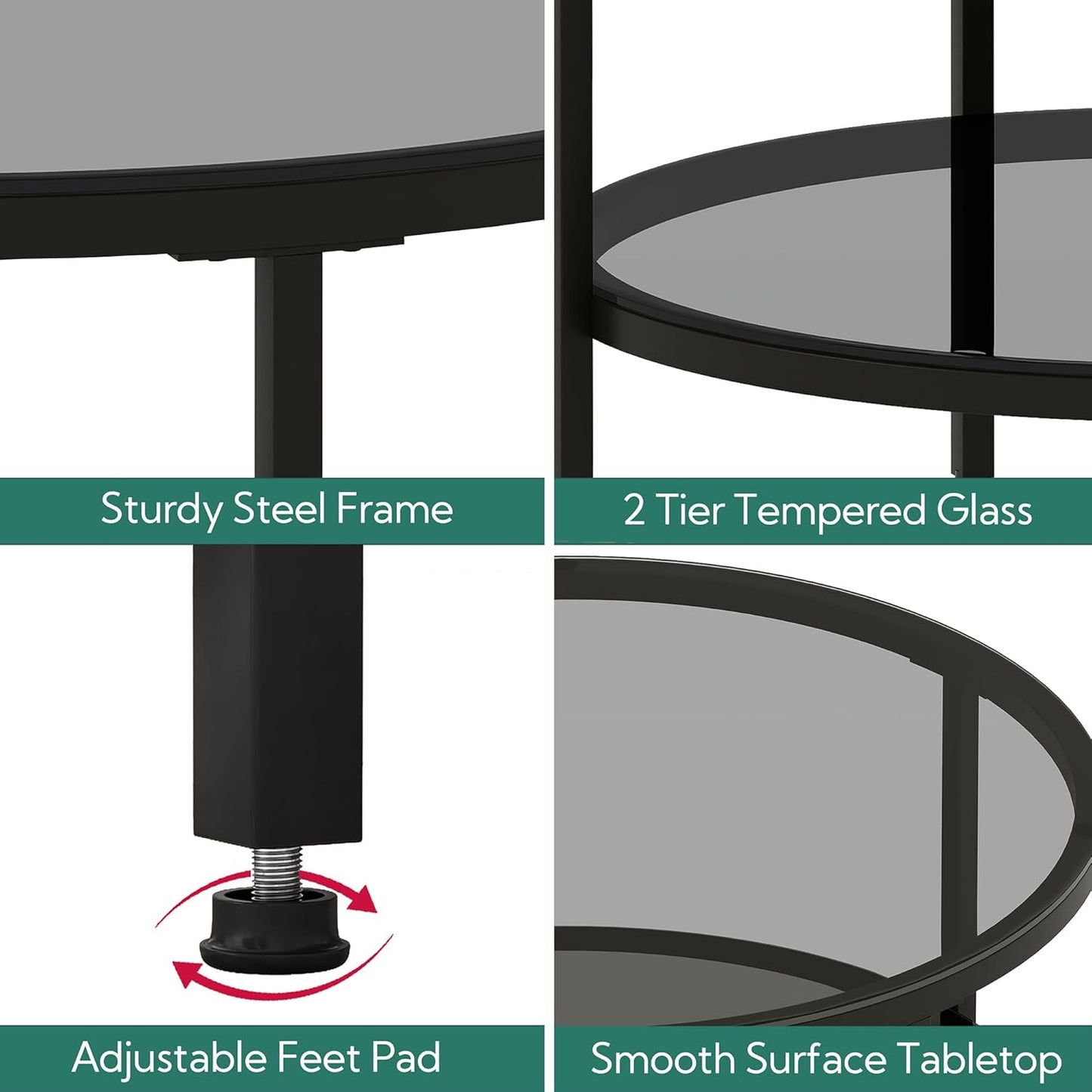 round Glass Coffee Tables for Living Room, 2-Tier Circle Coffee Table with Storage, 26" Modern Center Accent Table with Light Black Glass, Small End Table for Small Space, Bedroom