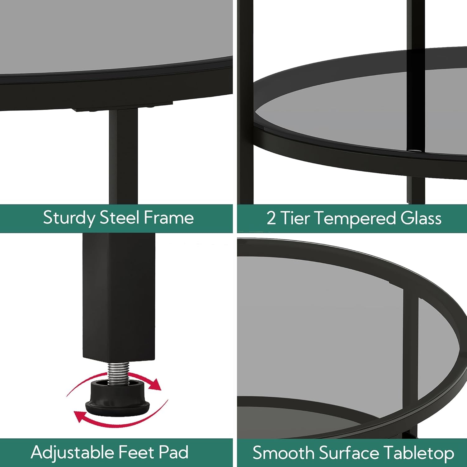 round Glass Coffee Tables for Living Room, 2-Tier Circle Coffee Table with Storage, 26" Modern Center Accent Table with Light Black Glass, Small End Table for Small Space, Bedroom