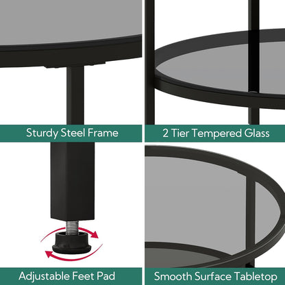 round Glass Coffee Tables for Living Room, 2-Tier Circle Coffee Table with Storage, 26" Modern Center Accent Table with Light Black Glass, Small End Table for Small Space, Bedroom