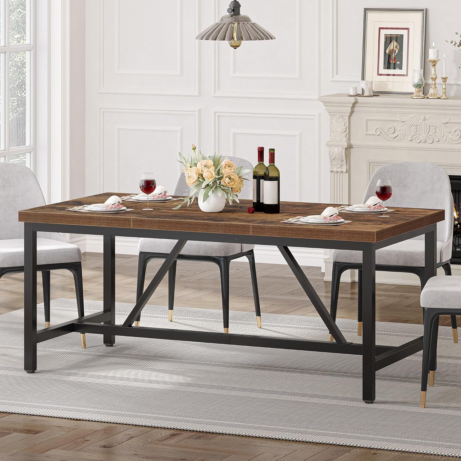 70.8" Large Kitchen Dining Room Table for 6-8 People, Rustic Brown Farmhouse Industrial Wood Style Rectangle Apartment Dinning Room Dinette Tables for Eating Dinner
