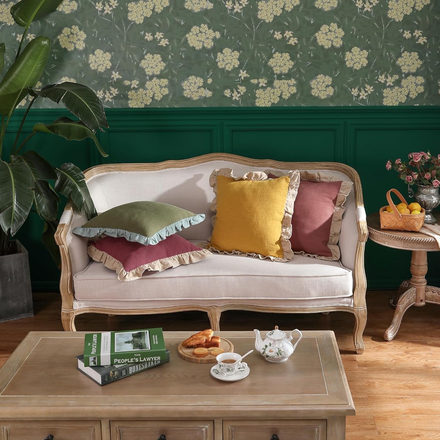 Green Shabby Chic Decorative Throw Pillow Covers 18X18 Set of 2,Farmhouse Linen Pillow Covers with Ruffles,Square Sturdy Throw Pillow Case for Couch Sofa Bed Living Room