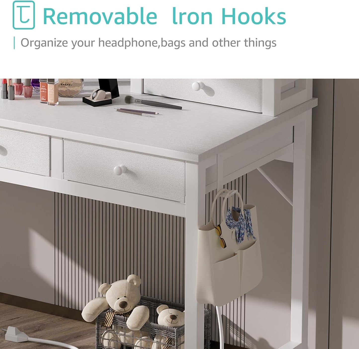 White Computer Desk with Fabric Drawers for Home Office, 40 Inch Vanity Makeup Desk with Drawers Storage for Bedroom, Writing Study Table with Power Outlet & Monitor Stand, White