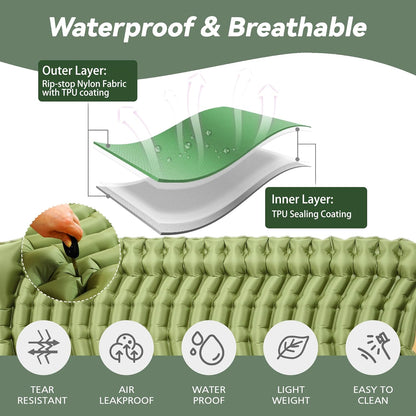 Double Sleeping Pad for Camping - Ultralight Camping Mattress with Pillow, Built-In Foot Pump, Compact Inflatable 2-Person Portable Mat for Backpacking, Hiking, Car Traveling, Beach, Tent