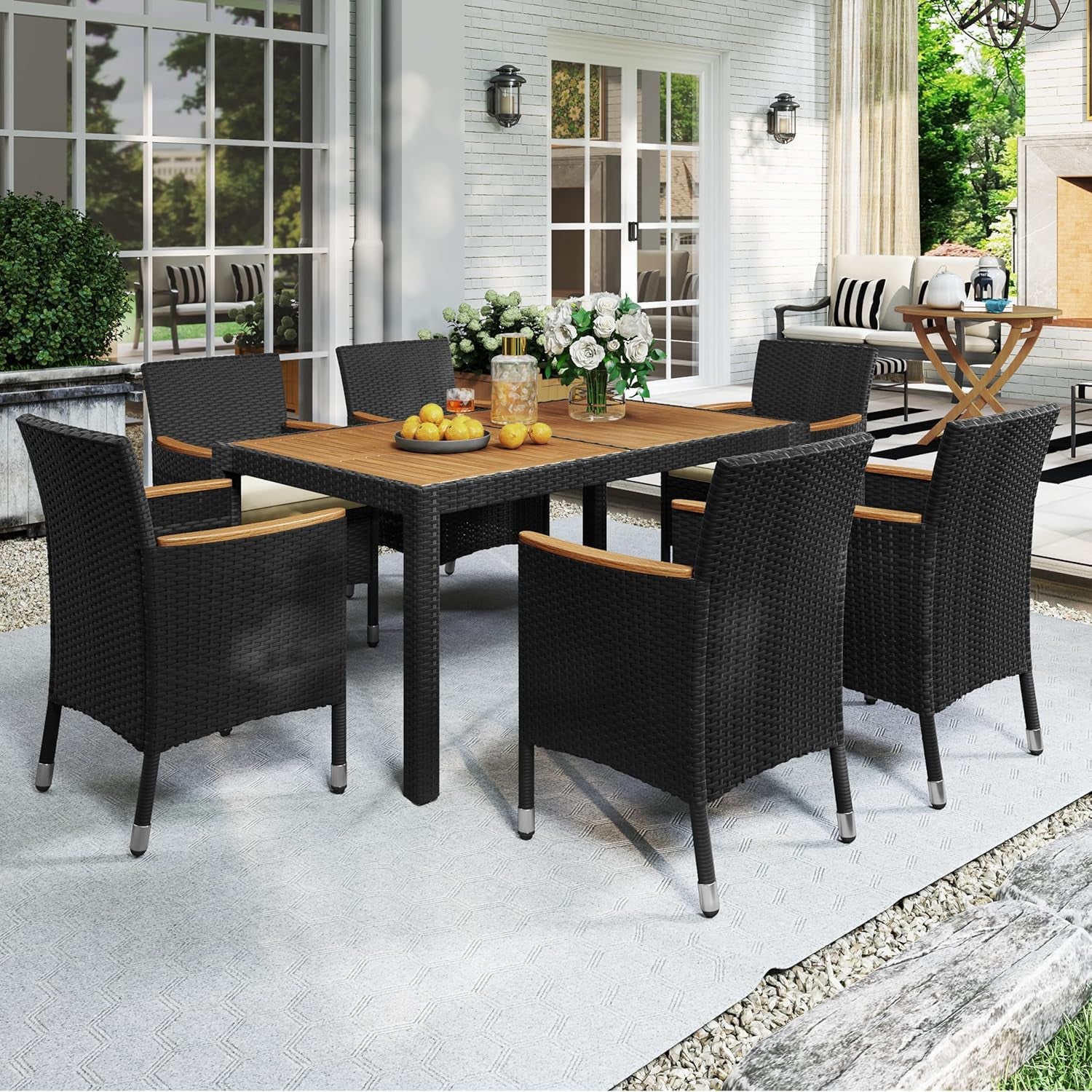 7 Piece Patio Furniture Set, Outdoor Dining Acacia Wood Table Top Rattan Conversation Set with Soft Cushions, 6 Chairs & 1 Table for Backyard, Deck, Garden & Yard, Black/Beige