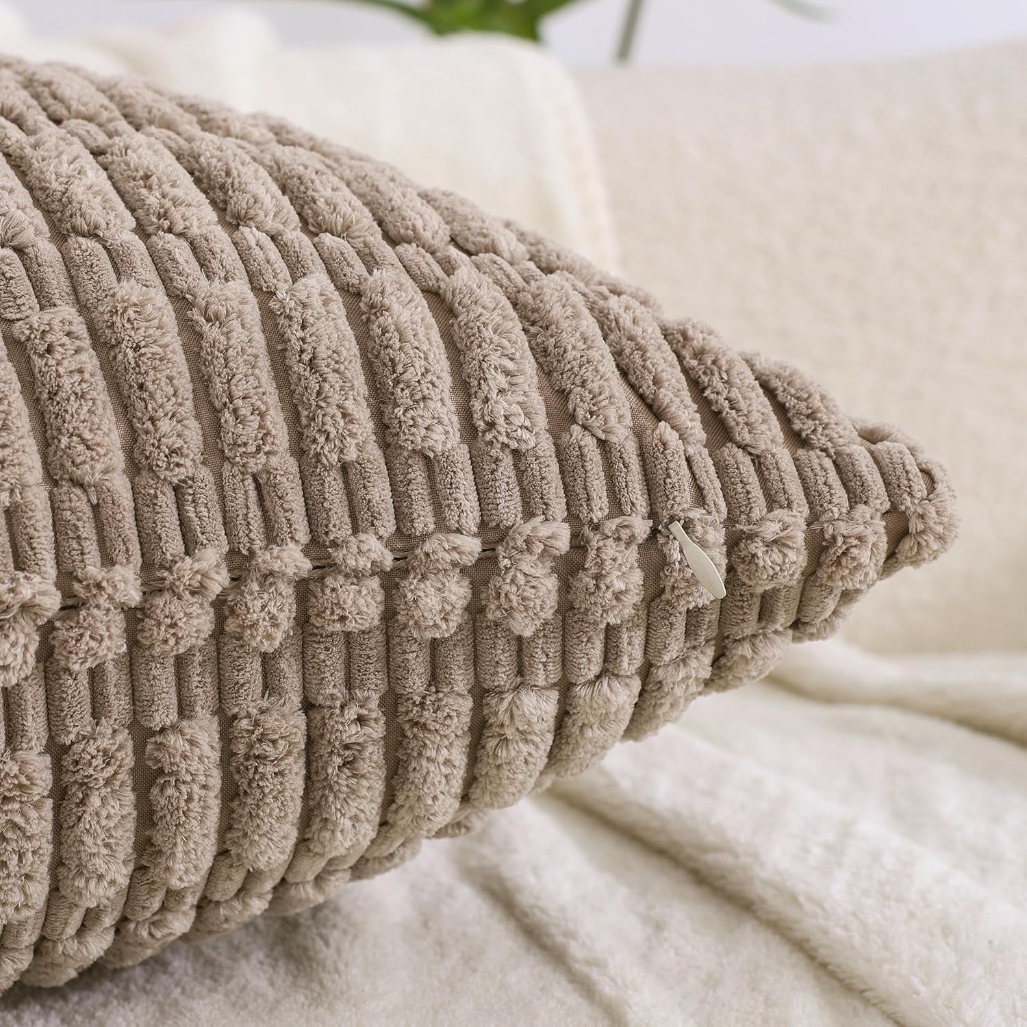 Couch Decorative Throw Pillow Covers 18X18 Set of 4 Neutral Winter Farmhouse Rustic Boho Home Decor Soft Plush Striped Corduroy Square Cushion Case for Living Room Bed SOFE