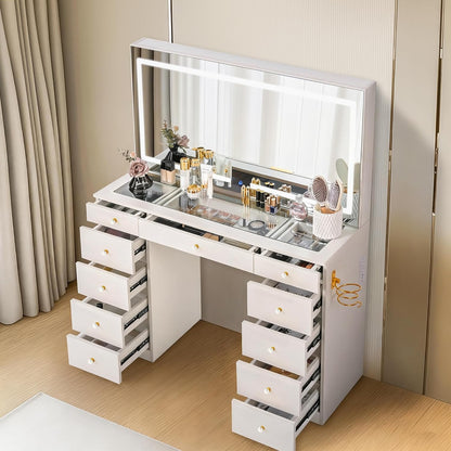 Glass Top Vanity Desk with Crystal Handles and 11 Drawers, Makeup Vanity with Mirror and Lights, 3 Lighting Modes Dressing Table, Power Outlet, Silent Slides, White