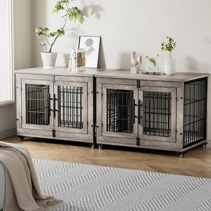 Small Dog Crate Furniture Set of 2, Dog Kennel Indoor Double Doors Wooden Dog Cage, 27'' Heavy Duty Dog Crate with Cushion & Wheels, End Table Pet House Chew-Resistant up to 30 Lb, Grey
