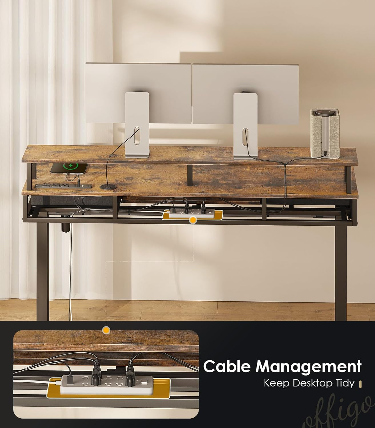 Electric Standing Desk with Drawers & Keyboard Tray, 63 Inch Height Adjustable Desk with Power Outlets & LED Lights, Sit Stand Table with Monitor Stand for Home, Office, Rustic Brown