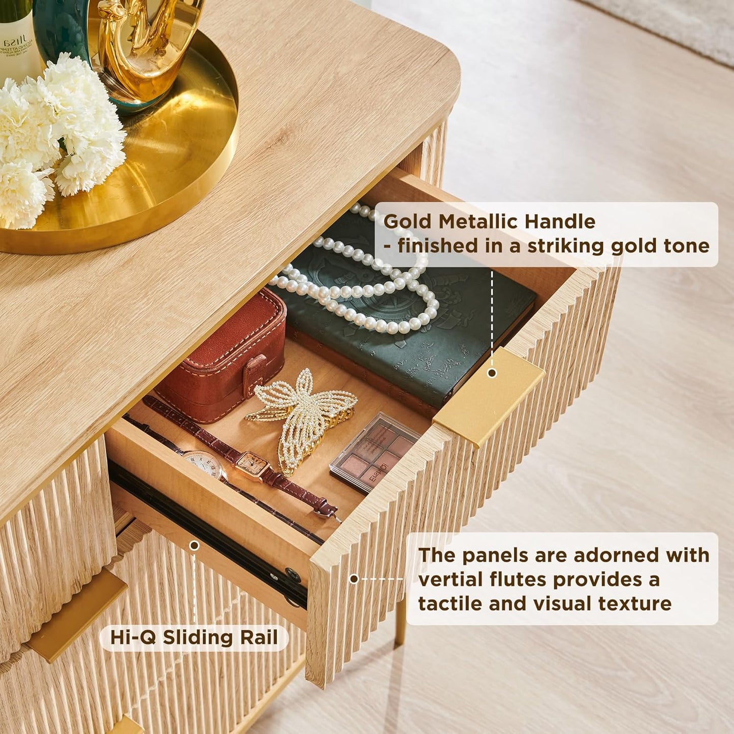 Fluted 7 Drawers Dresser for Bedroom, 54" Wide Modern Dresser TV Stand, Gold Accents, Fluted Fronts, Wood Storage Dressers Organizer for Bedroom, Living Room, Natural Oak