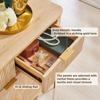 Fluted 7 Drawers Dresser for Bedroom, 54" Wide Modern Dresser TV Stand, Gold Accents, Fluted Fronts, Wood Storage Dressers Organizer for Bedroom, Living Room, Natural Oak