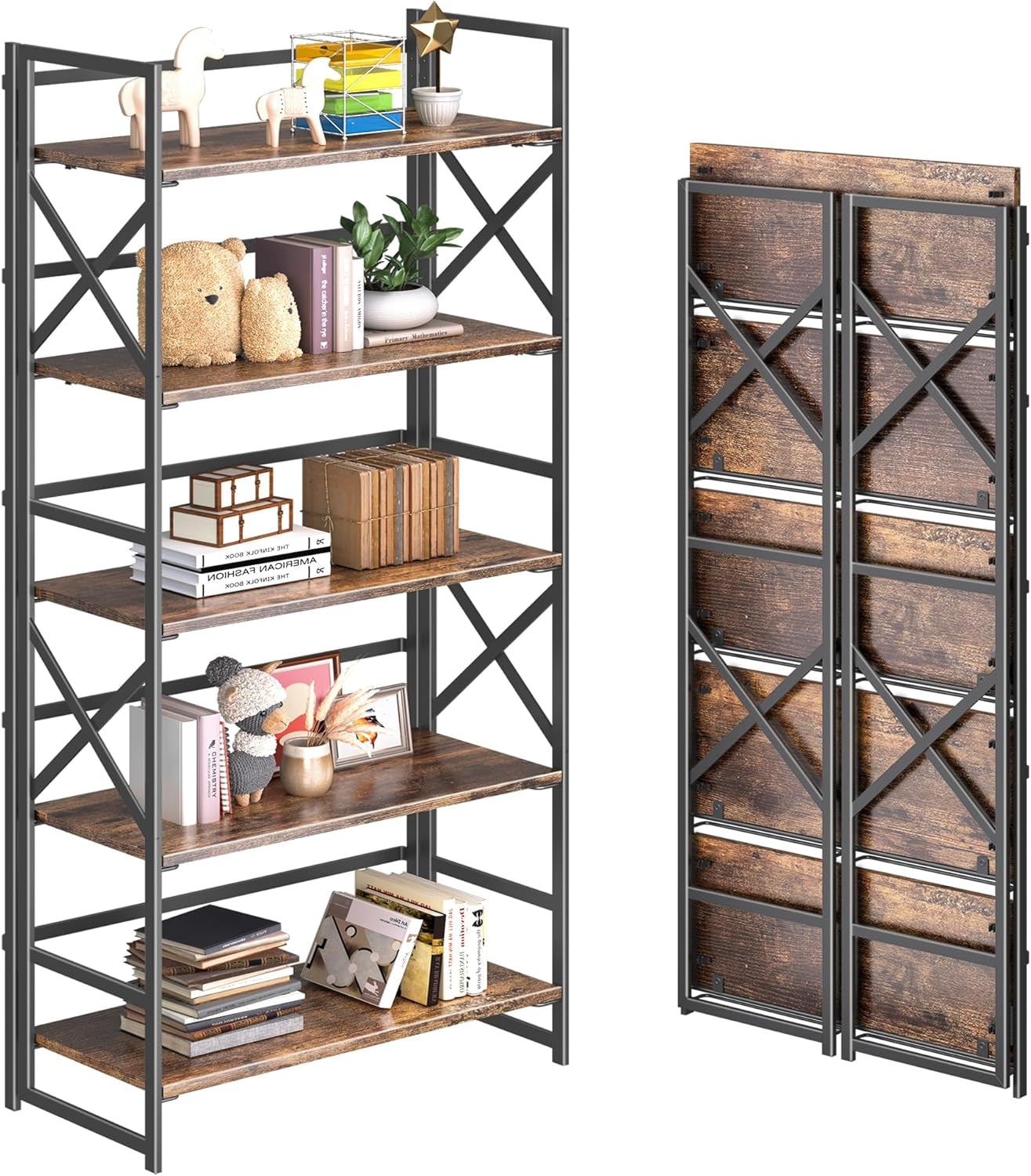 5 Tiers No Assembly Book Shelves, 51.2" H Folding Bookshelf Bookcase Open Industrial Foldable Shelves for Bedroom, Living Room, Home Office - Rustic Brown Black