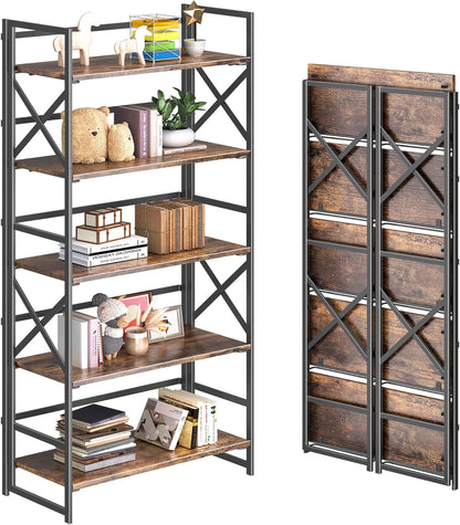 5 Tiers No Assembly Book Shelves, 51.2" H Folding Bookshelf Bookcase Open Industrial Foldable Shelves for Bedroom, Living Room, Home Office - Rustic Brown Black