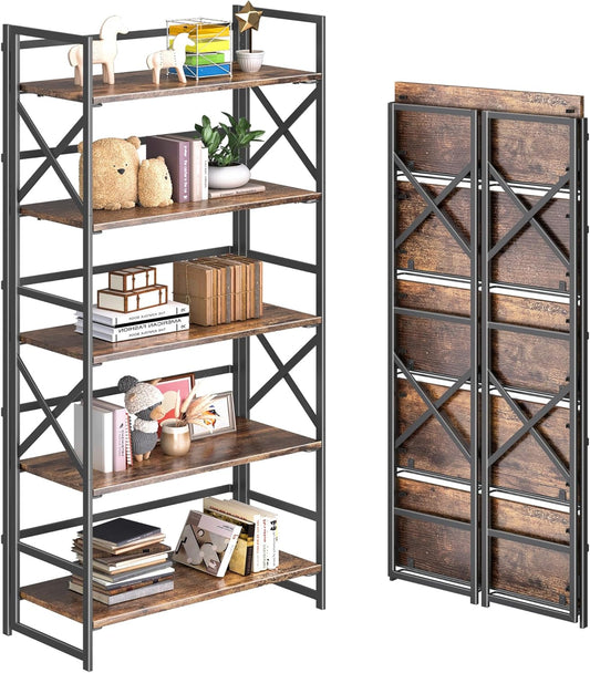 5 Tiers No Assembly Book Shelves, 51.2" H Folding Bookshelf Bookcase Open Industrial Foldable Shelves for Bedroom, Living Room, Home Office - Rustic Brown Black