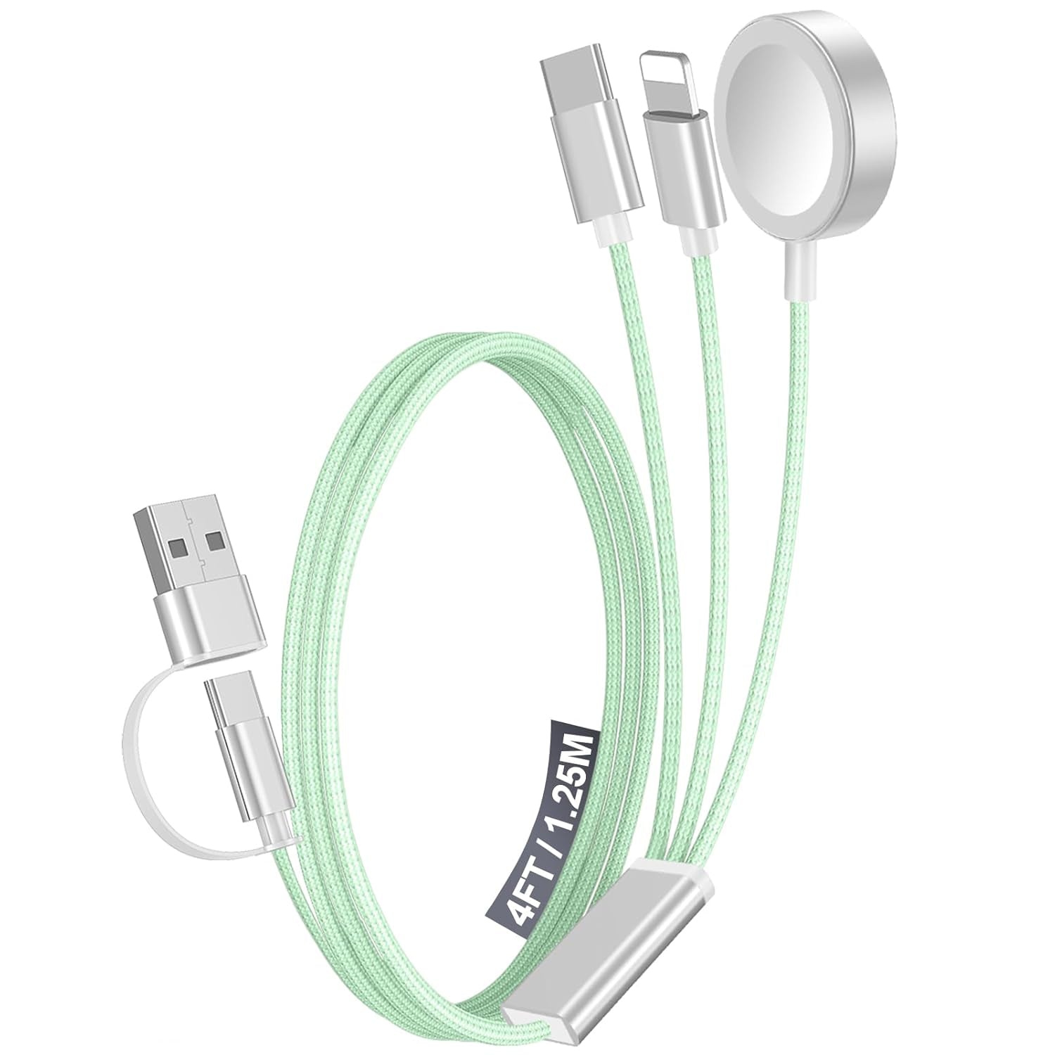 1Pack Multi Fast Charging Cable for Travel Vacation Essentials,Apple Watch Charger,Iphone Charger[3-In-2]Usb A/Type C/Lightning Cable for Iwatch,Iphone 16-11,Nintendo Switch,Airpods,Car,Camping-Green