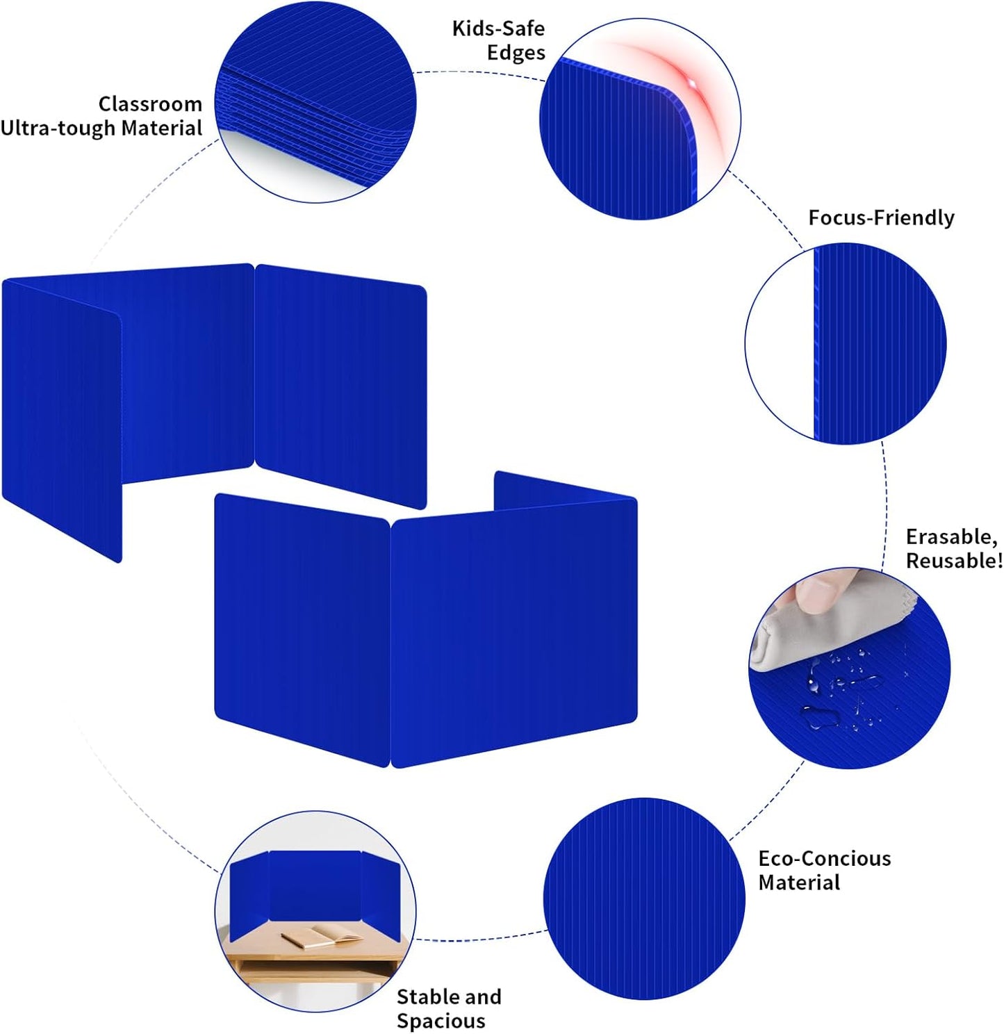 6 Pack Blue Desk Dividers for Students, Privacy Shields Folder for Students, Durable & Waterproof Plastic Study Board, Classroom Teacher Supplies Test Divider, Includes Extra Labels