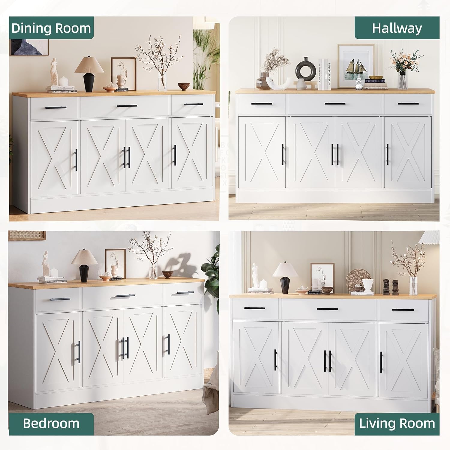 Buffet Cabinet with Storage,53.4" Large Kitchen Storage Cabinet with 3 Drawers and 4 Doors,Wood Farmhouse Buffet Sideboard with Adjustable Shelf for Kitchen Living Room