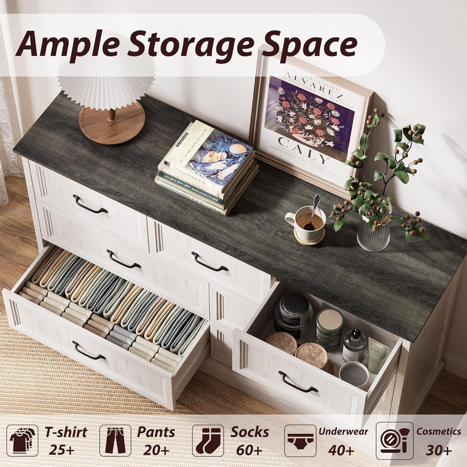 3 Pcs Farmhouse Dresser and Nightstand Sets for Bedroom, 7 Drawer Dresser & Nightstand Set of 2, Rustic Wooden Chest of Drawers Wide Storage Organizer for Bedroom, White