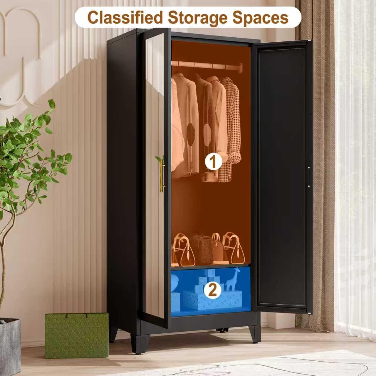 Metal Armoire Wardrobe Closet Storage Cabinet with Mirror Black, 71'' Wardrobe Cabinet with Hanging Rod Metal Closet with 2 Adjustable Shelves for Bedroom, Laundry Room, Cloak Room