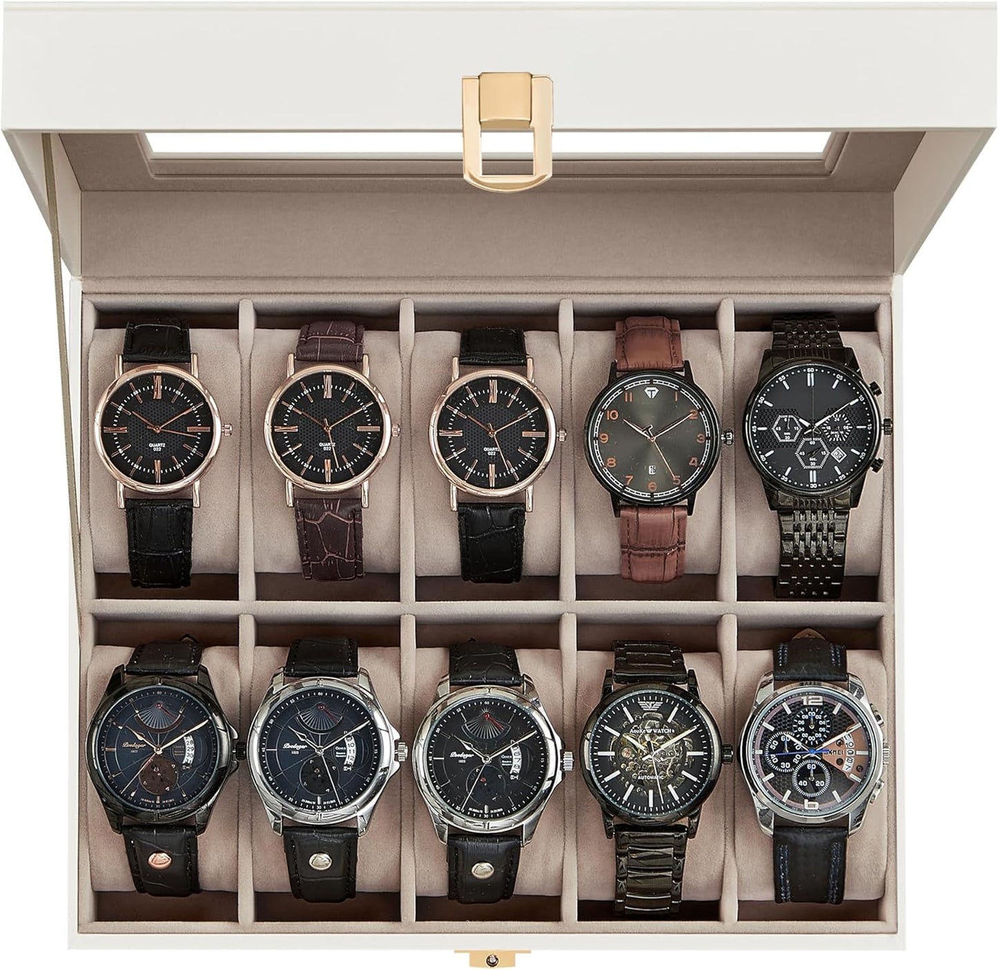 Watch Box, 12-Slot Watch Case with Large Glass Lid, Removable Watch Pillows, Watch Box Organizer, Gift for Loved Ones, Black Synthetic Leather, Wine Red Lining UJWB120R01
