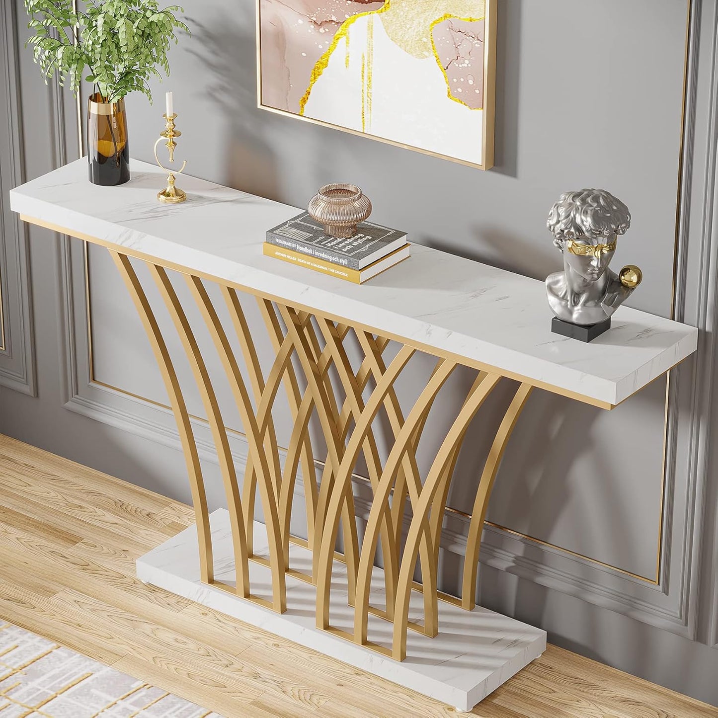 59 Inch Gold Console Table, Modern Entryway Table with Grid-Shaped Metal Base for Entrance, Hallway, Entryway, Living Room(White Faux Marble & Gold)