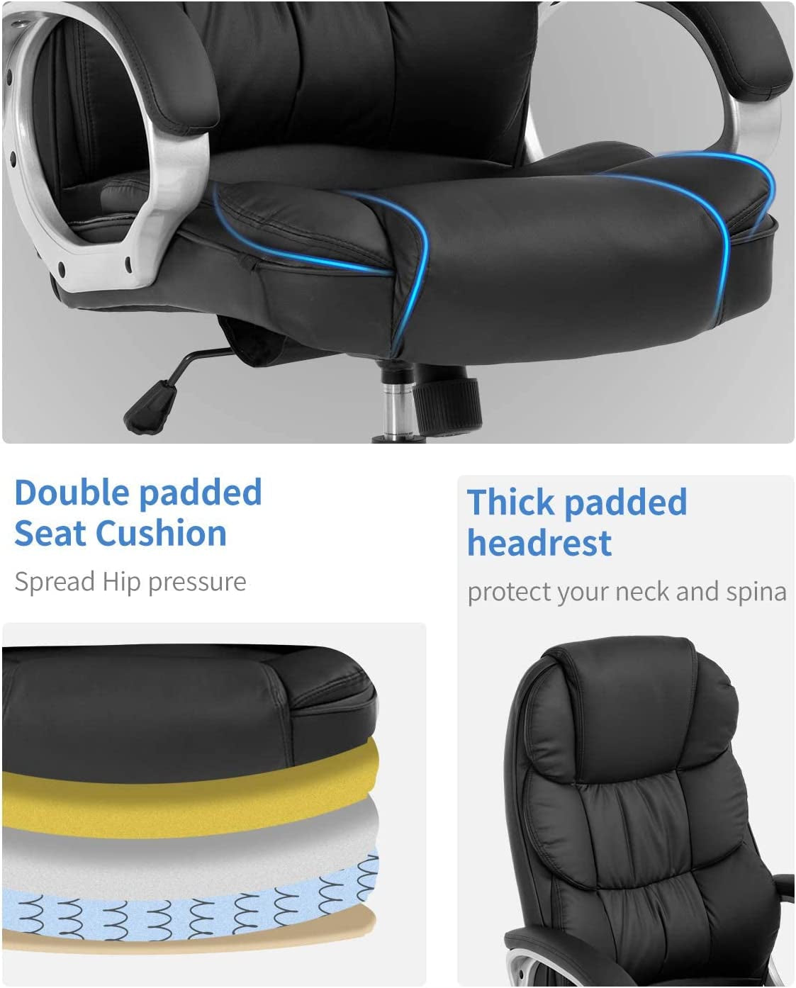 Office Chair Computer High Back Adjustable Ergonomic Desk Chair Executive PU Leather Swivel Task Chair with Armrests Lumbar Support (Black)