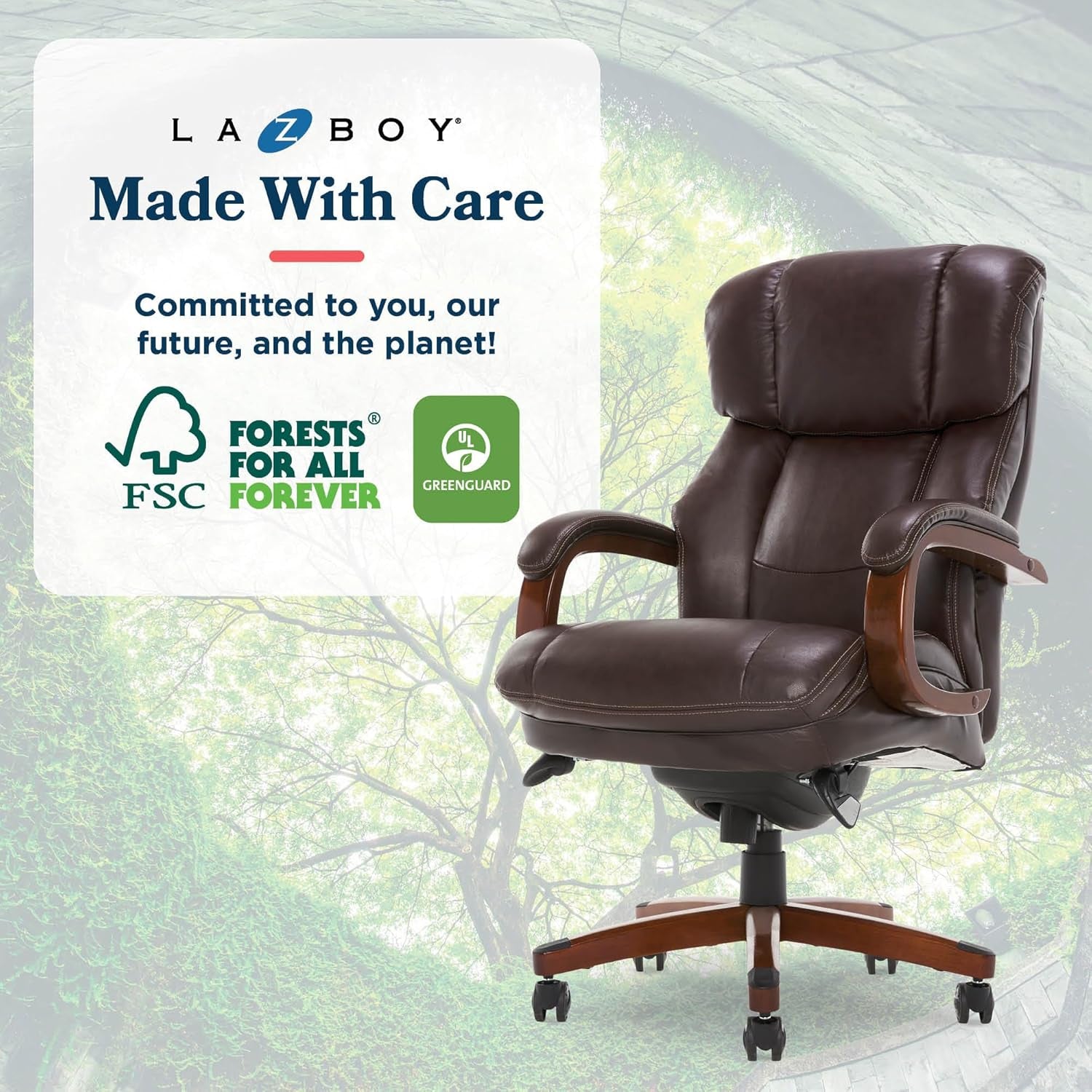 ® Fairmont Big and Tall Executive Office Chair with Memory Foam Cushions, High-Back Swivel Desk Chair with Wood Arms and Base, Bonded Leather, Brown