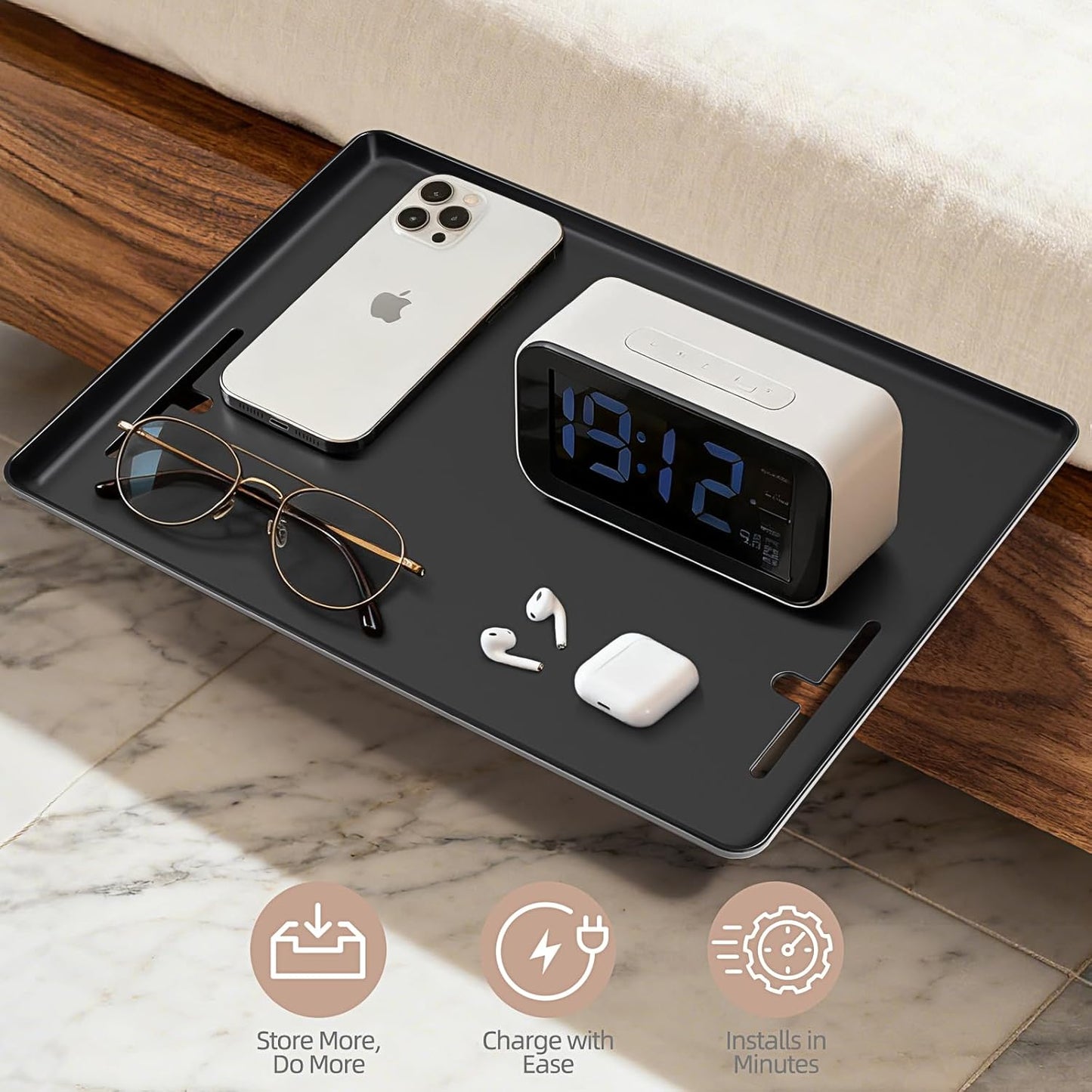 Bedside Shelf Dorm Bunk Bed, Bedside Caddy Shelf Dorm Bed, No Drill College Nightstand Organizer for Personal Items Books Glasses Apartment Bedroom Compact Space Solution Small+Black