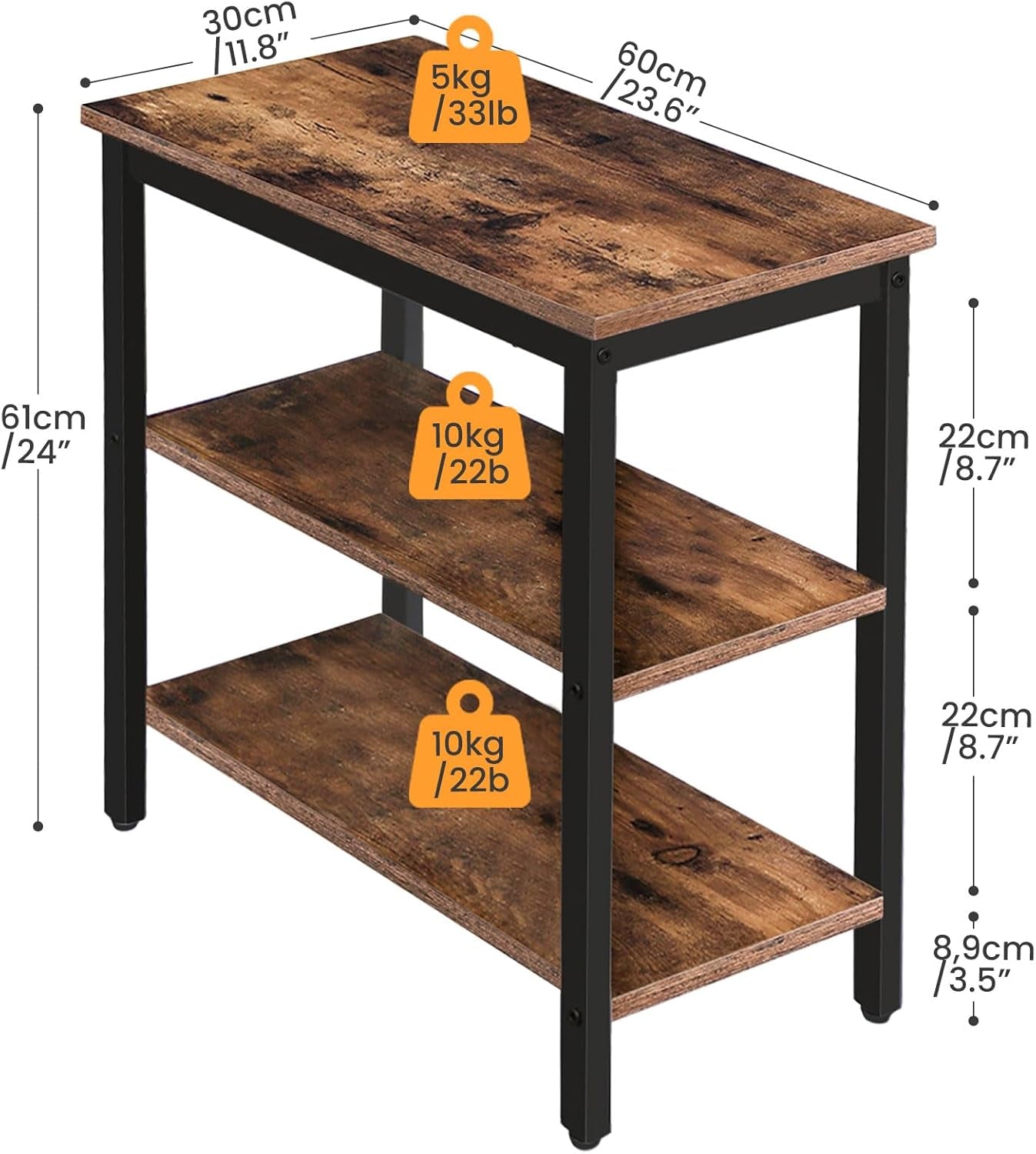 End Table, Simple Rustic Side Table with 3-Tier Storage Shelf, Narrow Nightstand for Small Spaces, for Living Room, Bedroom,Easy Assembly, Industrial Design, Rustic Brown and Black BF14BZ01