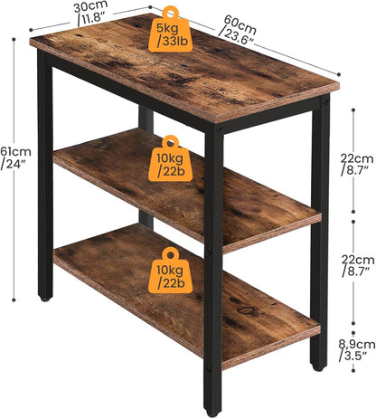 End Table, Simple Rustic Side Table with 3-Tier Storage Shelf, Narrow Nightstand for Small Spaces, for Living Room, Bedroom,Easy Assembly, Industrial Design, Rustic Brown and Black BF14BZ01