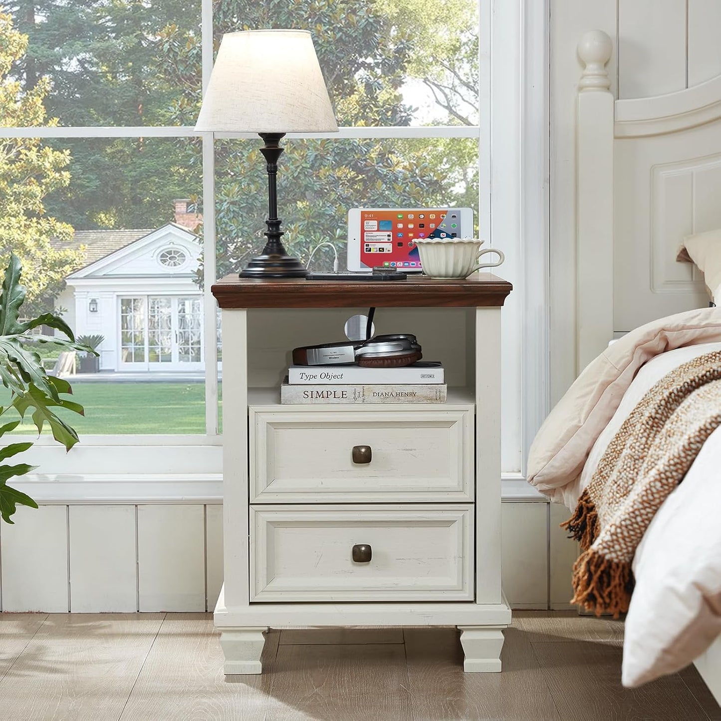 Farmhouse Nightstand Set of 2 with Charging Station, Rustic White Nightstand,2 Drawers End Table for Living Room,Bedside Table with Open Shelf for Bed Room,White