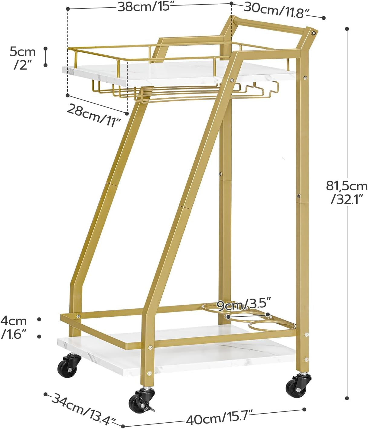 Bar Cart Gold, Home Bar Serving Cart, Kitchen Cart, Rolling Beverage Cart & Wine Rack and Glass Holder 2 Storage Shelves, Cocktail Cart for Home Dining Party, White and Gold DM27TC01