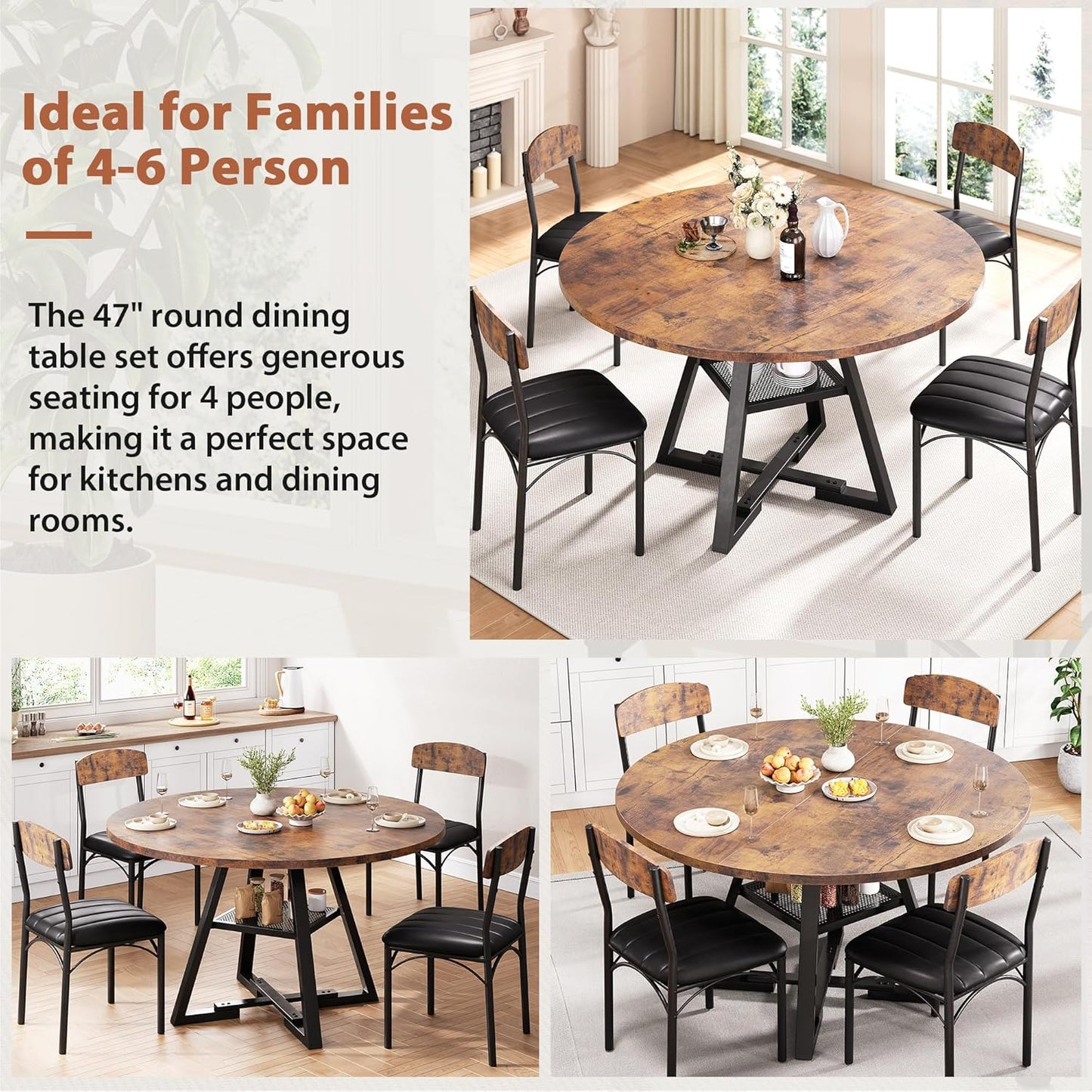 Round Dining Table Set for 4, Kitchen Table and Chairs for 4, Circle Table round Pedestal Dining Room Dinner Dinette Table Set,5 Piece Space Saving Wood Kitchen & Dining Room Tables (Vintage, 42In)