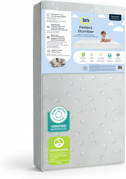 Serta Perfect Slumber Dual Sided Crib and Toddler Mattress - Waterproof - Hypoallergenic - Premium Sustainably Sourced Fiber Core -GREENGUARD Gold Certified (Non-Toxic) -7 Year Warranty - Made in USA