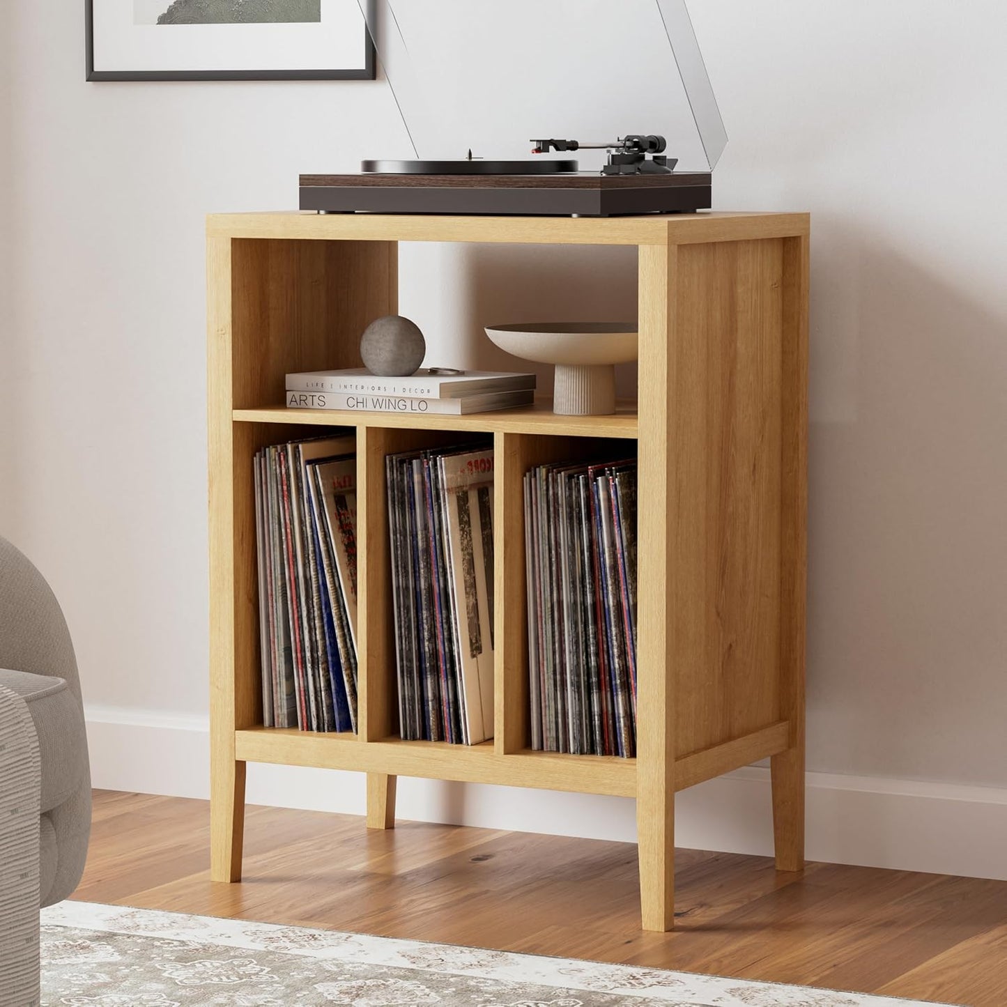 Record Player Stand with Vinyl Record Storage Holds up to 180 Albums, Large Turntable Stand Dispaly Shelf, Farmhouse Wood End Table for Bedroom, Living Room, Natural Oak