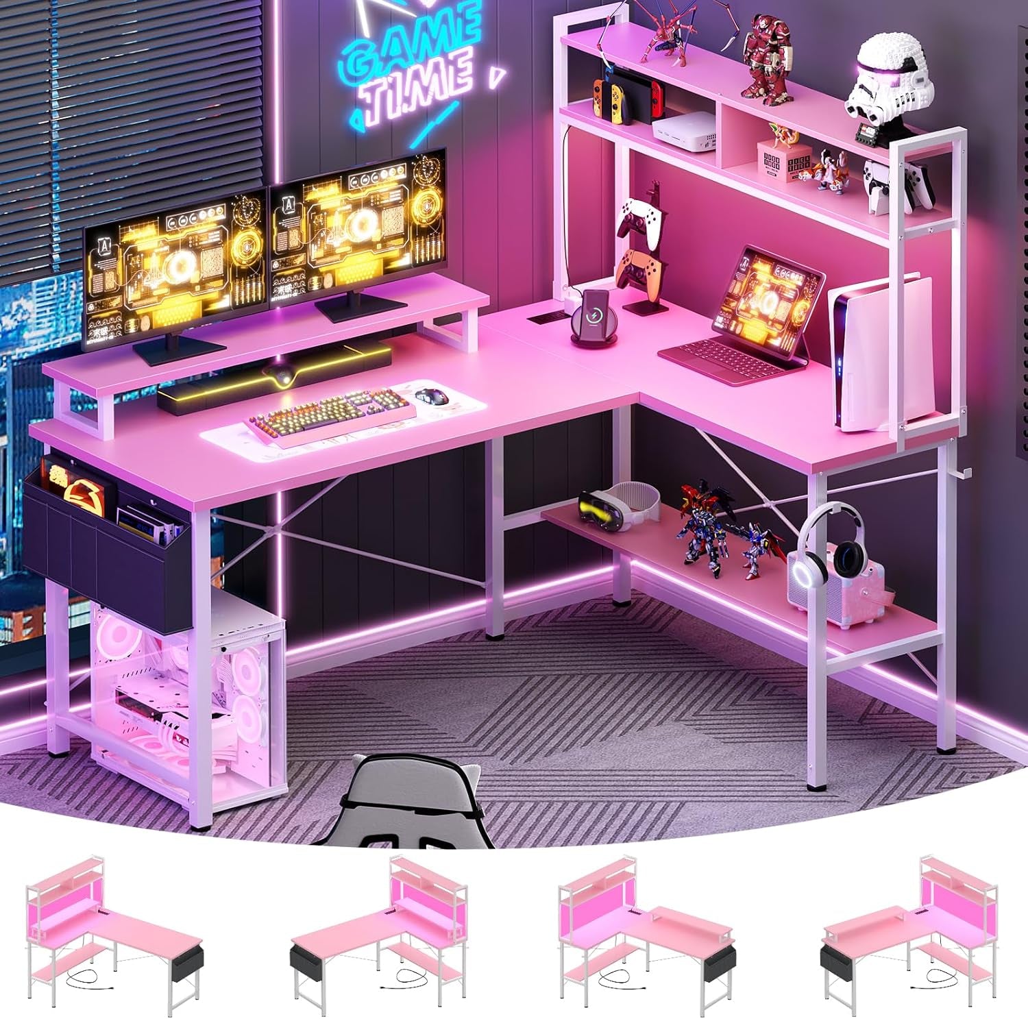 L Shaped Gaming Desk with Power Outlets & LED Lights, Small L- Shaped Desk Computer Corner Desk with Monitor Stand & Storage Shelf, Home Office Desk Writing Desk with Storage Bag, Pink