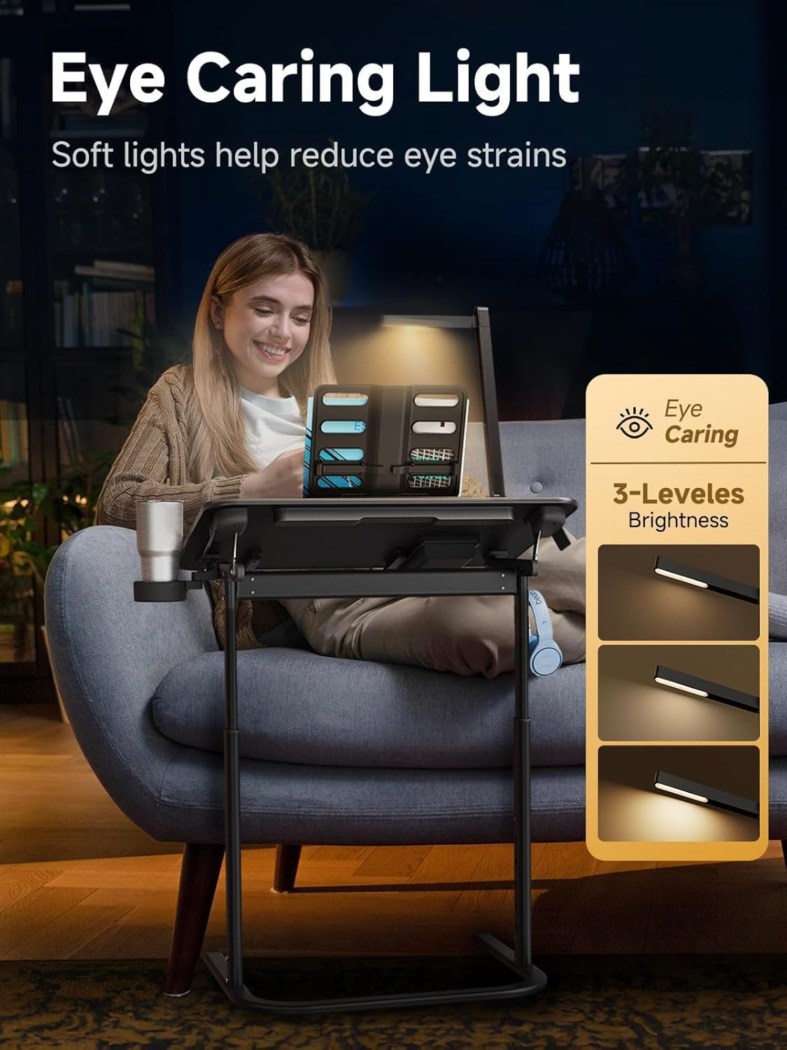 XXL Extra Large TV Tray Table，Height & Tilt Adjustable Heavy Duty TV Trays for Eating, Working, Writing,Drawing, Recliner Table Couch Desk with LED Light, Cup Holder, Bookstand