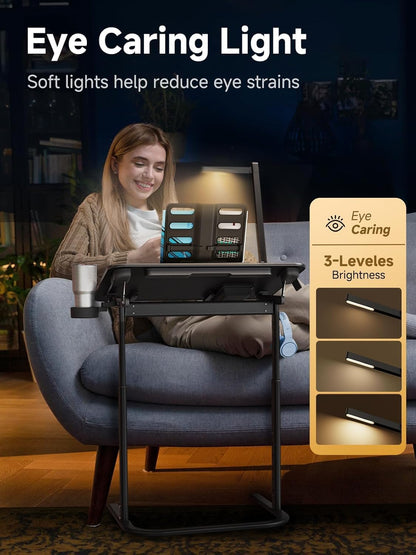 XXL Extra Large TV Tray Table，Height & Tilt Adjustable Heavy Duty TV Trays for Eating, Working, Writing,Drawing, Recliner Table Couch Desk with LED Light, Cup Holder, Bookstand