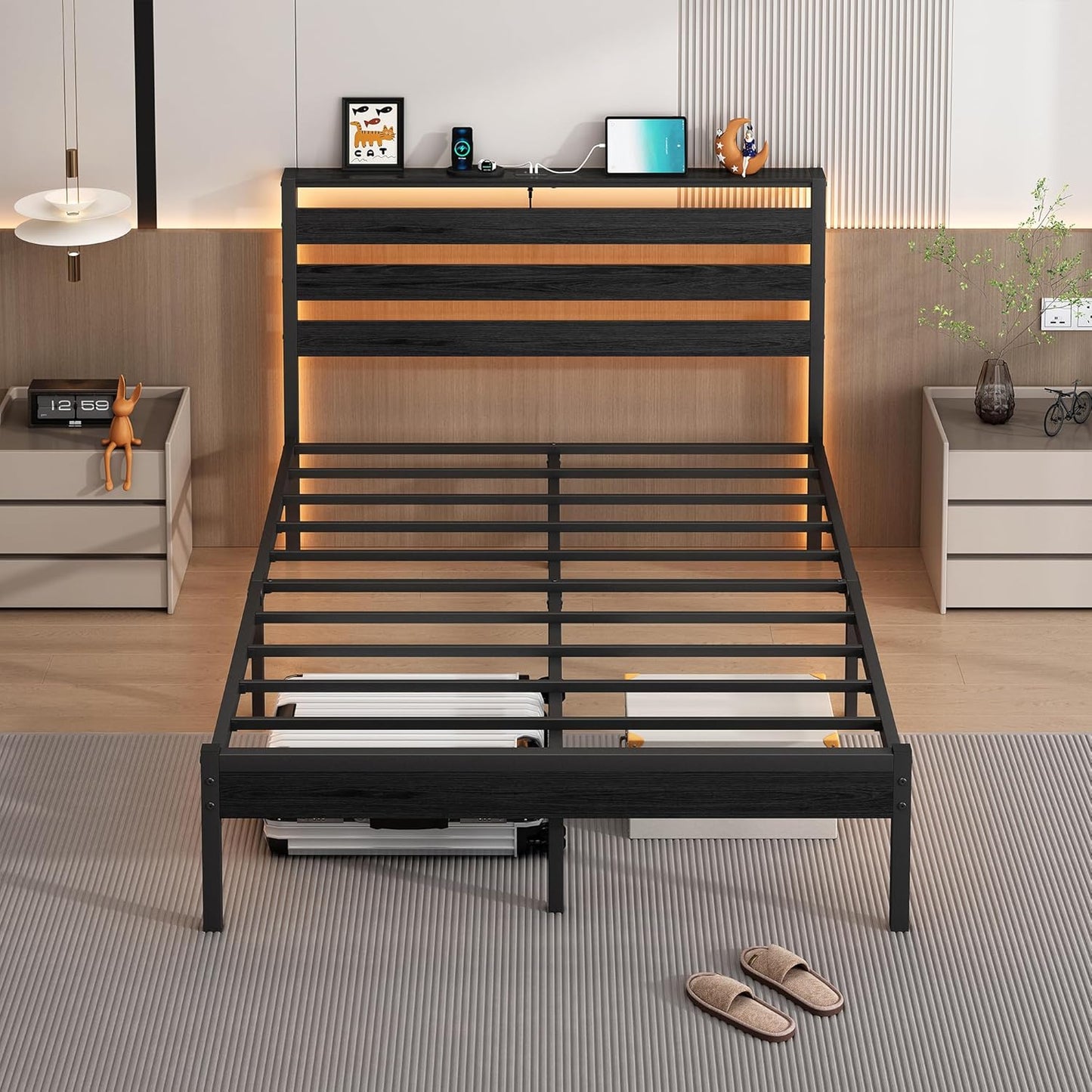 14 Inch Classic Metal Platform Bed Frame-Full Size Bed Frame with Headboard,Steel Slats Support-Led Bed Frame with USB Charging Station,Under Bed Storage,No Box Spring Needed,Noise Free