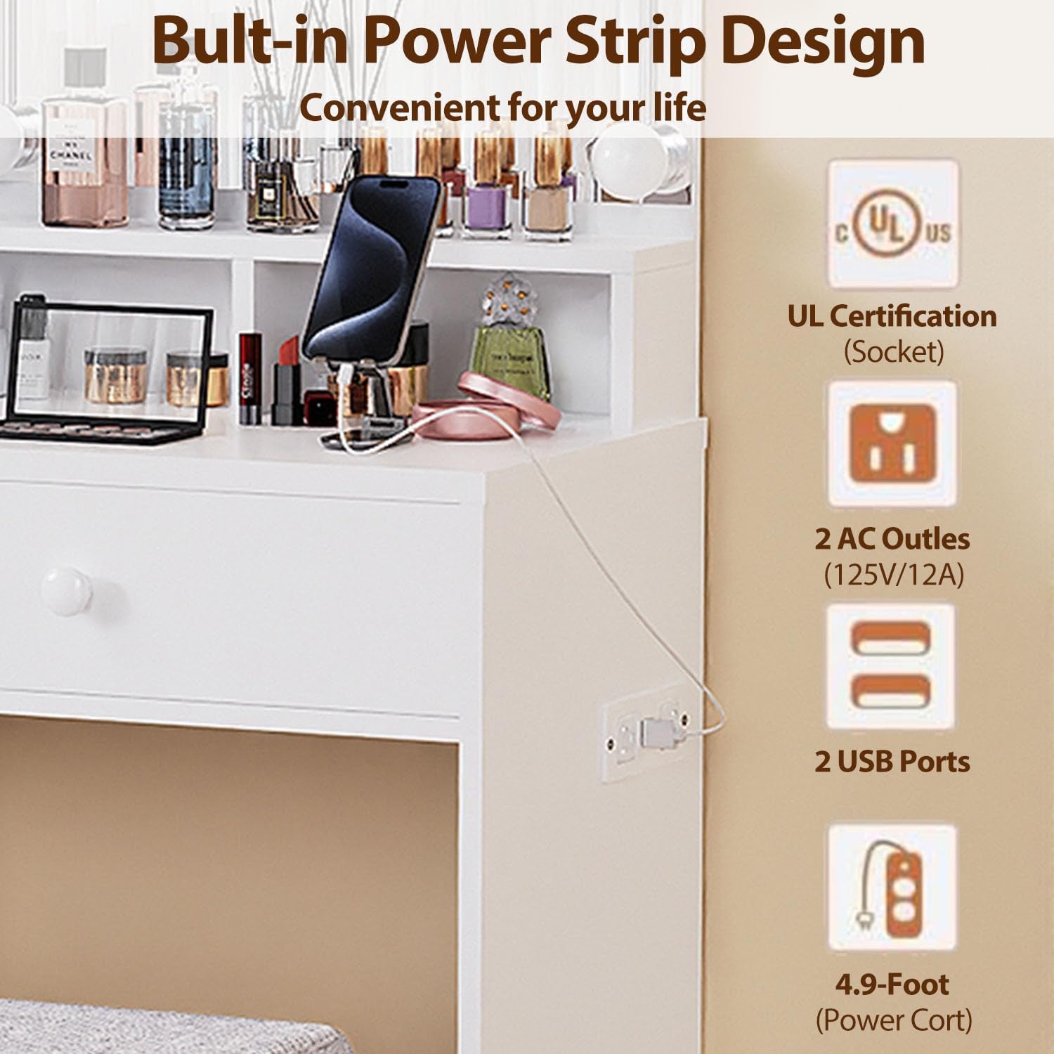 Vanity Desk with Mirror and Lights & Power Outlet, 31.5" Small Makeup Vanity Table with 4 Drawers and Stool for Bedroom, White